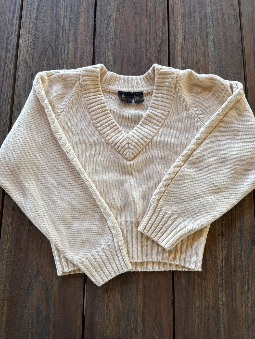 Vintage Cream V-Neck Cable-Trim Sweater LizSport